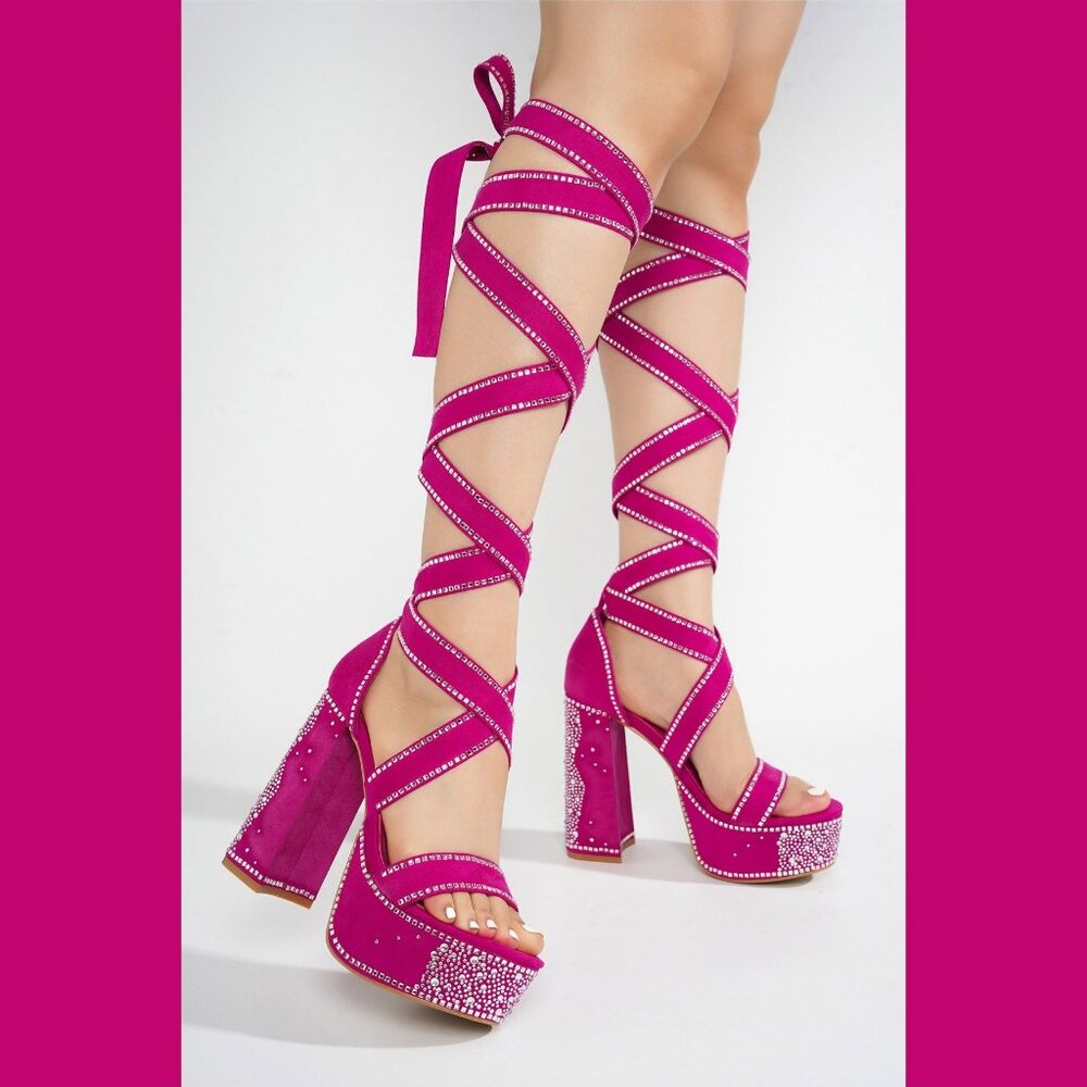 Extra Long Strap Rhinestone Platform Chunky Heel Shoes Hot Pink Fuchsia Rozie - Picture 5 of 9